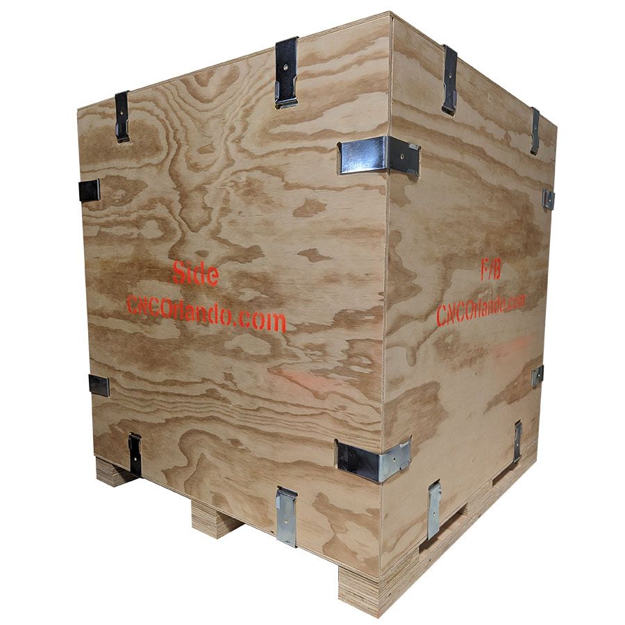 Assembled CNC Orlando plywood shipping crate with metal clips and a pallet base